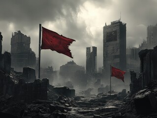 Eerie red flags wave amidst ruins of war-torn city, invoking themes of resilience and dystopian futures