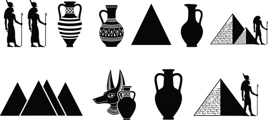 Ancient Egypt icon set, pyramid deity pottery silhouette collection, archaeology graphics, cad drawing flat vector illustration