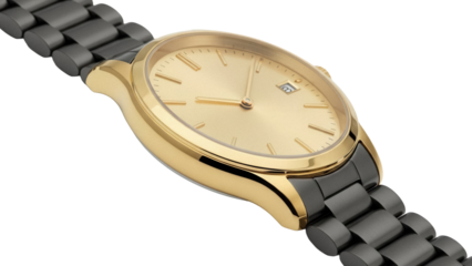 Elegant gold wristwatch isolated PNG on transparent background, luxury timepiece with black band for fashion and style