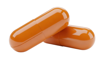 Two orange capsules isolated PNG on transparent background, medication supplement for health and wellness, pharmaceutical product