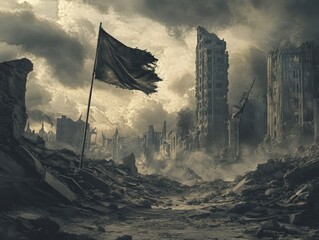Apocalyptic cityscape with tattered flag waving amidst ruins and stormy skies evokes resilience and loss