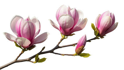 Magnolia branch with pink flowers isolated PNG, flowering tree on transparent background for spring designs and botanical compositions