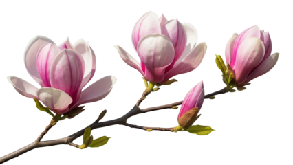Magnolia branch with pink flowers isolated PNG, flowering tree on transparent background for spring designs and botanical compositions