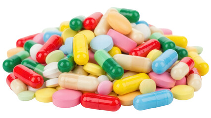 Pile of colorful pills and capsules isolated PNG, pharmaceutical medication for health and wellness on transparent background