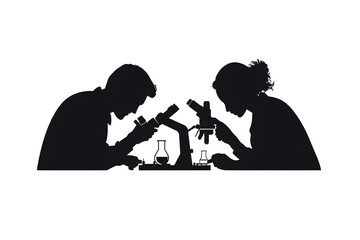 Silhouette of Science: Silhouette of a scientist using the microscope with a vial and beaker in the work area. a scene of scientific research and exploration.
