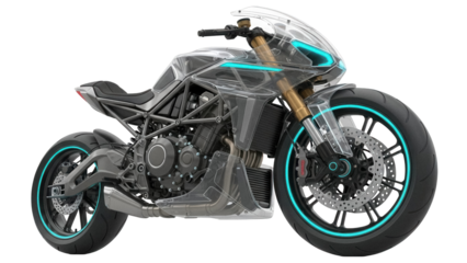 Futuristic motorcycle PNG isolated on transparent background, concept bike with transparent body and neon accents for design and technology use