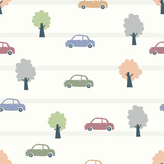 Cute Cartoon Car and Tree Seamless Pattern. Hand-drawn vehicle print with soft pastel colors. Perfect for kids nursery fabric