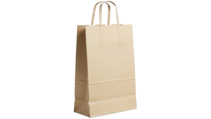 Brown paper shopping bag isolated PNG on transparent background, blank kraft package for retail and merchandise
