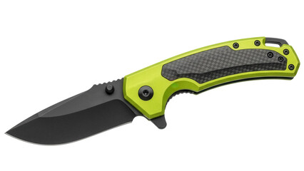 Folding pocket knife with black blade and green handle isolated PNG, EDC tool for camping, hiking,...