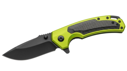 Folding pocket knife with black blade and green handle isolated PNG, EDC tool for camping, hiking, and outdoor activities on transparent background