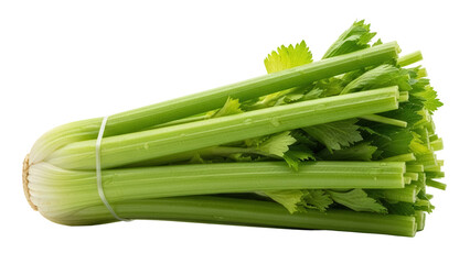 Fresh green celery stalks tied together PNG isolated on transparent background, healthy vegetable for cooking and raw eating