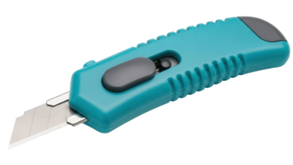 Teal box cutter isolated PNG, utility knife with retractable blade for cutting cardboard and opening packages on transparent background