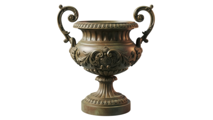 Ornate bronze urn isolated PNG on transparent background, antique decorative vase with handles for design and art projects