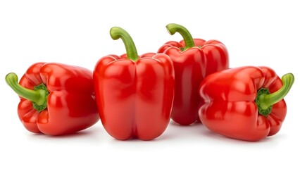Glossy red bell peppers with green stems rest on a white backdrop, showcasing freshness, plumpness, and vibrant color&mdash;ideal for themes of healthy eating, cooking, or natural produce.