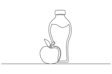 Continuous one line drawing of Green apple with water bottle. Single line drawing illustration of Apple and bottle of water. For marketing and branding concept vector art. Doodle line illustration.