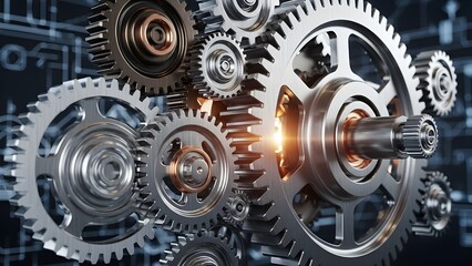 Close-up of interlocked metal gears with polished surfaces and schematic drawings&mdash;highlighting mechanical precision, motion dynamics, and industrial engineering in a sleek, technical composition.