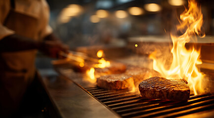A chef grilling steaks with flames, showcasing the art of cooking meat in a vibrant kitchen setting.