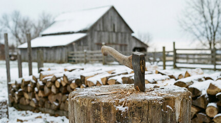 Snowy winter axe stump with stacked firewood behind