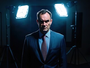 Intense businessman portrait with focused gaze and dramatic lighting for powerful business concepts