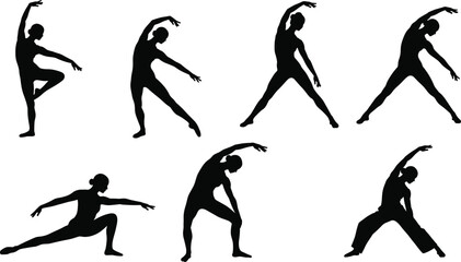 Yoga, stretching, silhouette, pose, flexibility, movement, balance, fitness, exercise, body, black, minimal, posture, wellness, calm, strength, gesture, illustration, activity, style