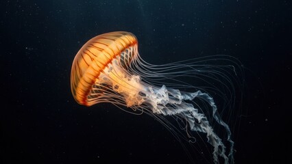 A vibrant orange jellyfish with white tentacles swimming in the dark ocean.