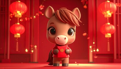 Adorable 3D zodiac horse character celebrating Chinese New Year.