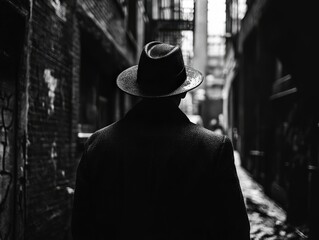 Stylish man walks alone through a dark alleyway in black and white giving mysterious vibes