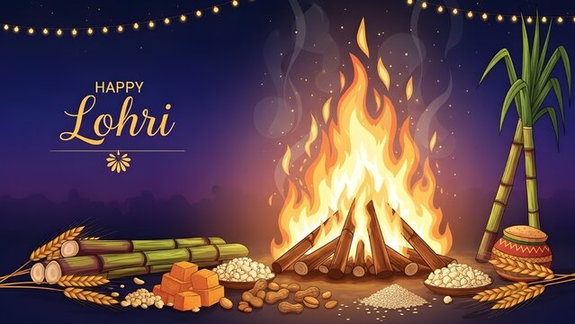 Lohri Harvest Delicacies Still Life: Sugarcane, Rewari, Gajak, Peanuts, Wheat and Bonfire.