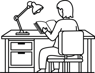 Line art illustration of a person seated at a desk reading a book under a lamp, highlighting concentration, learning, and study