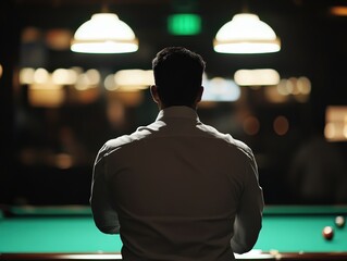 Intense focus Man contemplates next move at pool table in dimly lit upscale bar for sophisticated lifestyle themes