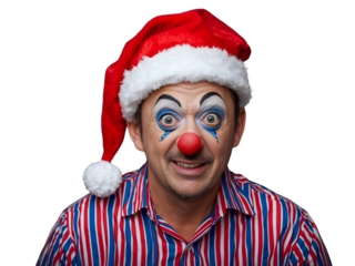 Funny Christmas Clown with Santa Hat PNG, White Face Paint & Red Striped Shirt, Hilarious Holiday Character Isolated on Transparent Background