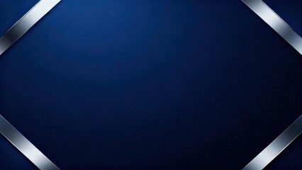 Deep navy blue background featuring shiny diagonal silver metallic ribbons creating corner frames.