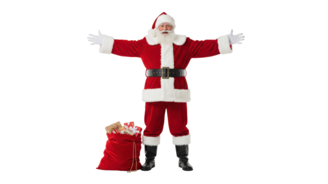 Santa Claus with Outstretched Arms and Red Sack of Gifts Isolated on White - Powered by Adobe