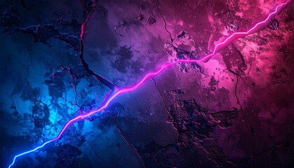 A powerful neon energy crack glowing with vibrant blue and pink light.