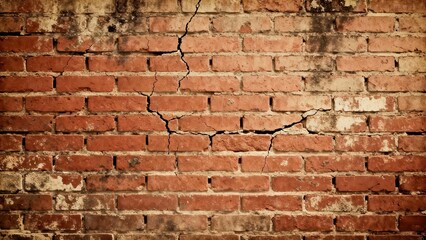 Naklejka premium Weathered terracotta red brick wall displaying a prominent vertical structural crack, heavily stained with grunge and moisture decay.