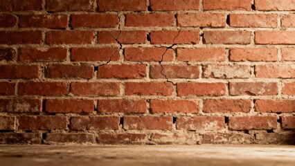 Weathered vintage red brick wall structure featuring a deep structural crack illuminated by warm dramatic light.