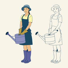 Set of two gardener illustrations: one clean line art and one colored version. Female worker in overalls, hat, gloves and boots holding a bucket.