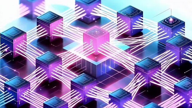 Bright neon 3D cube network with pink and blue lighting representing digital connection and futuristic technology.