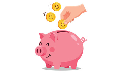 Saving Money and Financial Investment Concept. Pink Piggy Bank Receiving Gold Coins with Happy Face Emojis, Symbolizing Growth and Wealth.