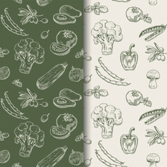 Set of two vegetable patterns in elegant line art on dark and light backgrounds. Hand-drawn vegetables create a seamless, stylish botanical design.