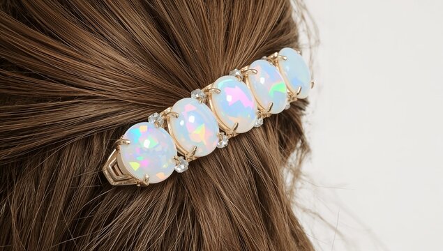 Opal hair clip iridescent pastel gemstone delicate polished mystical on plain white background
