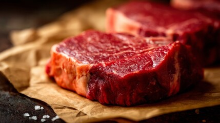 Obraz premium Fresh raw beef steak on butcher paper ready for cooking, showcasing marbling and rich color, ideal for meat dishes, barbecues, and culinary presentations