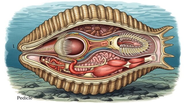 An open clam shell with internal organs and a pedicle visible.
