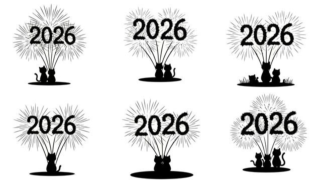 New year 2026 fireworks display with silhouette cats sitting and watching celebration, featuring various arrangements of feline figures enjoying festive show - Powered by Adobe