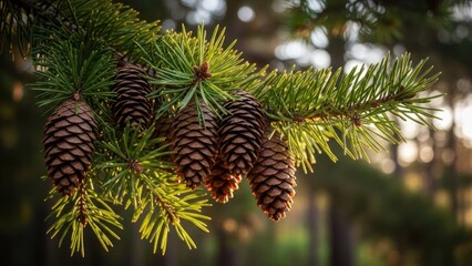 A pine cone on a pine tree branch with green needles.