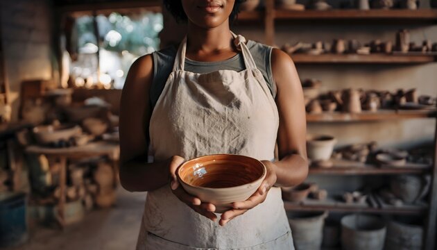 Ceramicist Holding Freshly Made Bowl. Beautiful Black Woman Portrait - Powered by Adobe