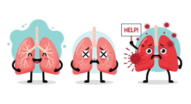 Set of cartoon lung characters showing different health states: healthy and happy, sick and dead, and infected with a virus asking for help, for medical awareness.