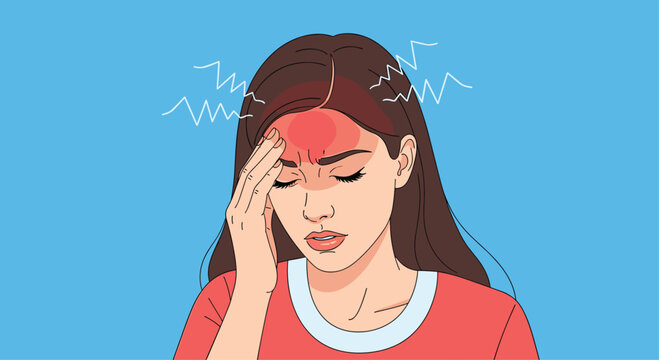 Illustration of a woman suffering from a severe headache or migraine, holding her forehead in pain with a red glowing area and zigzag lines indicating throbbing.