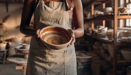 Ceramicist Holding Freshly Made Bowl. Beautiful Black Woman Portrait