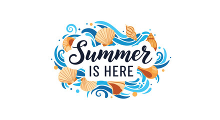 Vibrant summer-themed emblem with the calligraphy phrase "Summer is here" surrounded by ocean waves and various beautiful seashells.